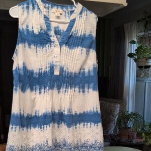 Style & Co. Blue and White Sleeveless Pleated Blouse